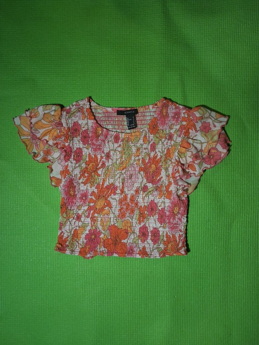 Forever 21 Ruched Pink and Orange Floral Top